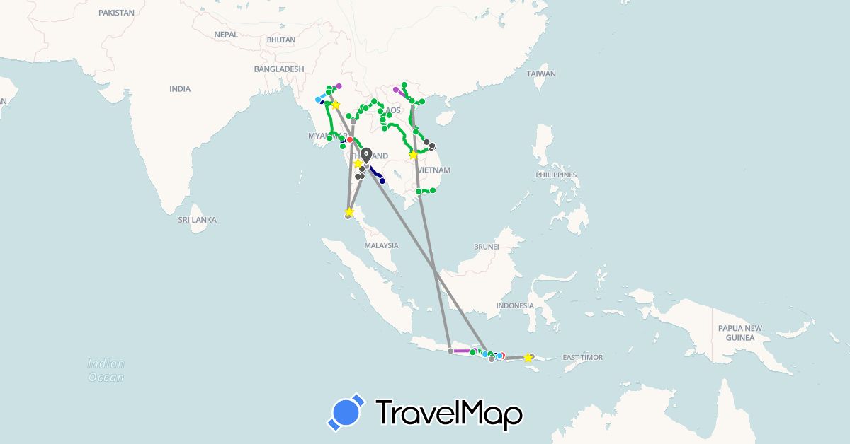 TravelMap itinerary: driving, bus, plane, train, hiking, boat, motorbike in Indonesia, Laos, Myanmar (Burma), Thailand, Vietnam (Asia)
