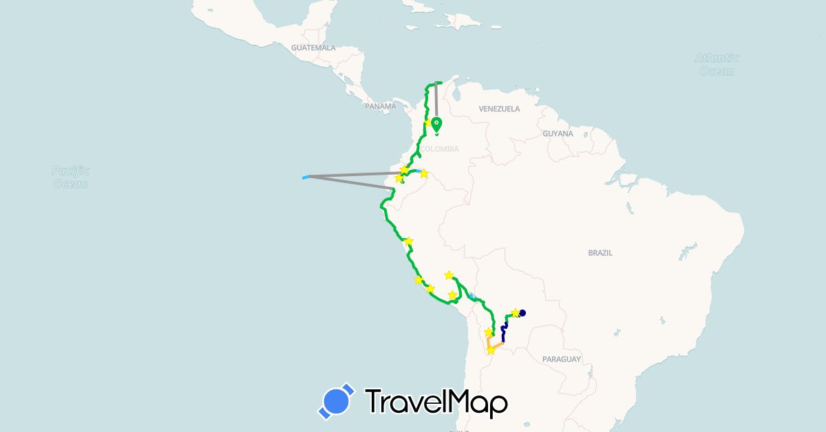 TravelMap itinerary: driving, bus, plane, hiking, boat, 4x4 in Bolivia, Colombia, Ecuador, Peru (South America)
